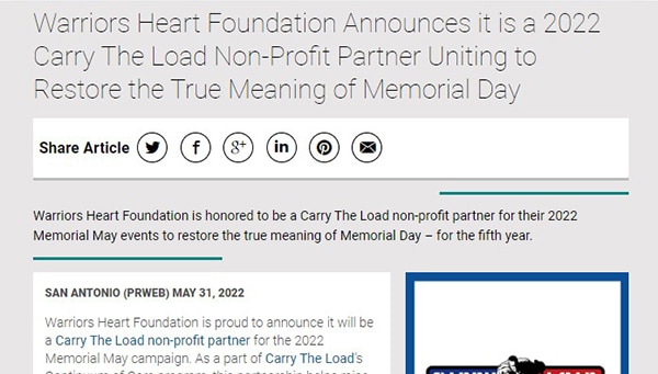 Warriors Heart Foundation Announces it is a 2022 Carry The Load Non-Profit Partner Uniting to Restore the True Meaning of Memorial Day